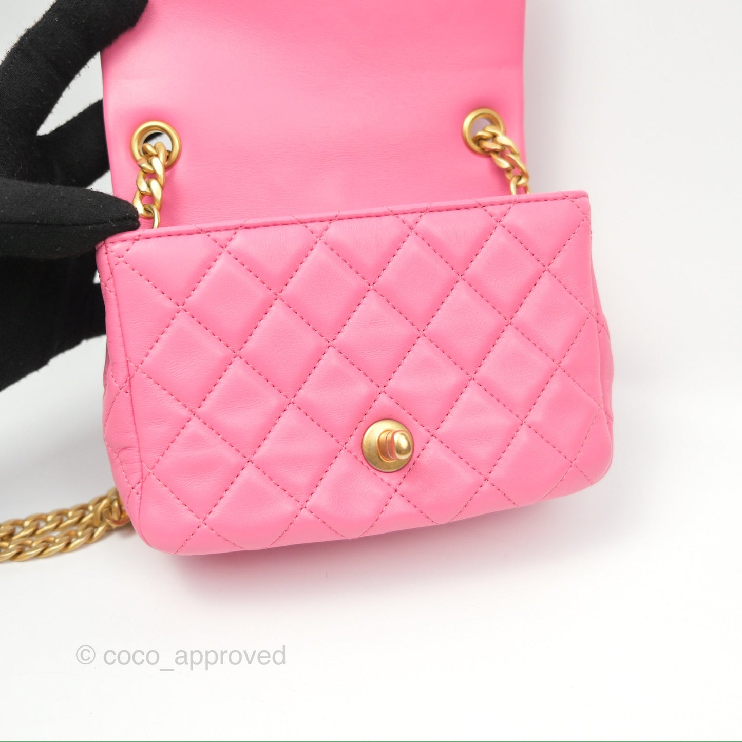 Chanel Mini Pearl Samba Square Flap Pink Lambskin Aged Gold Hardware 21P