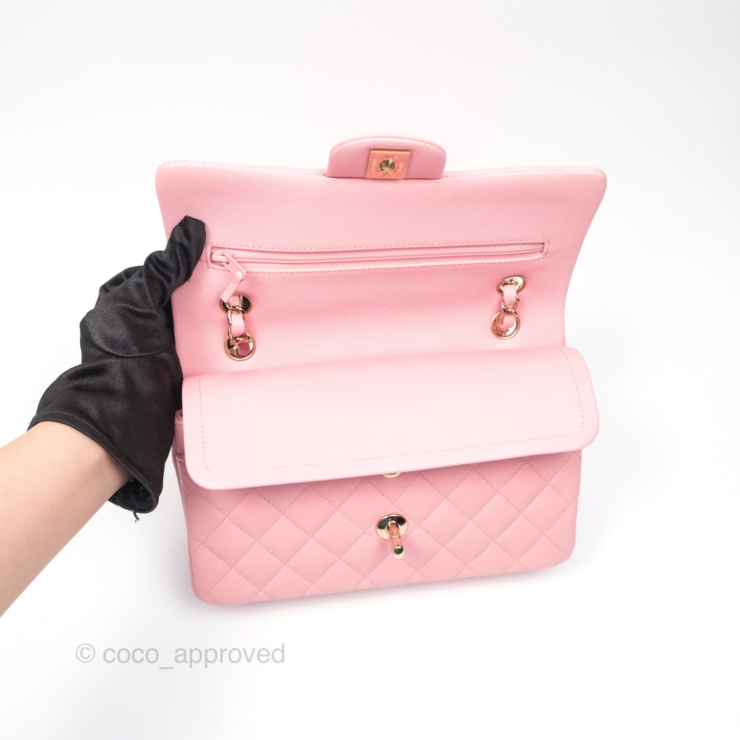 Chanel Small Classic Flap Quilted Sakura Pink Caviar Gold Hardware 22C