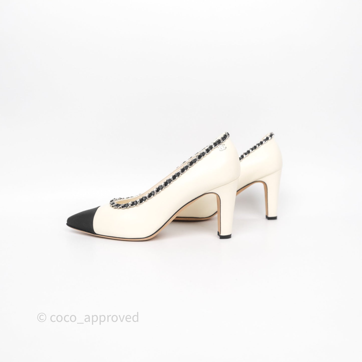 Chanel Classic Heels White With Black Leather Chain Size 36.5