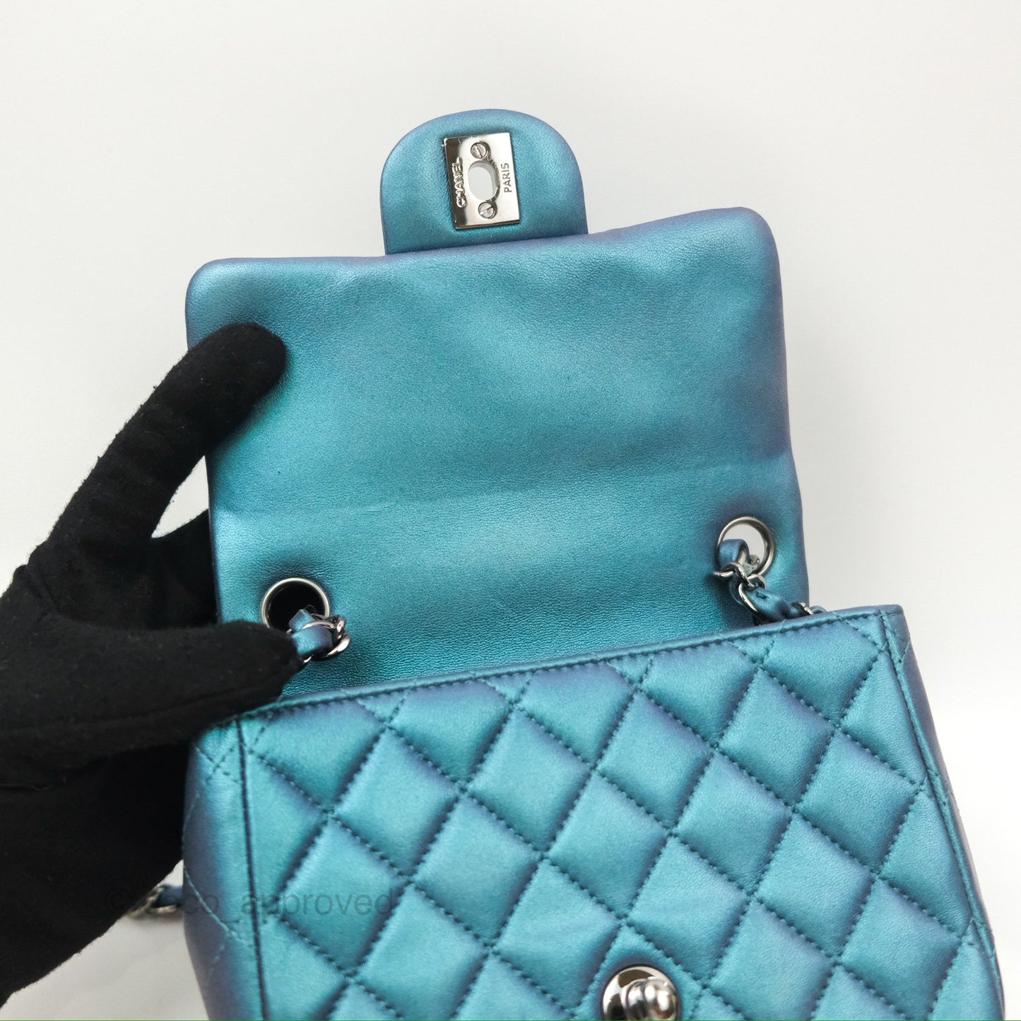 Chanel Mini Square Flap Quilted Iridescent Teal Lambskin Gun Metal