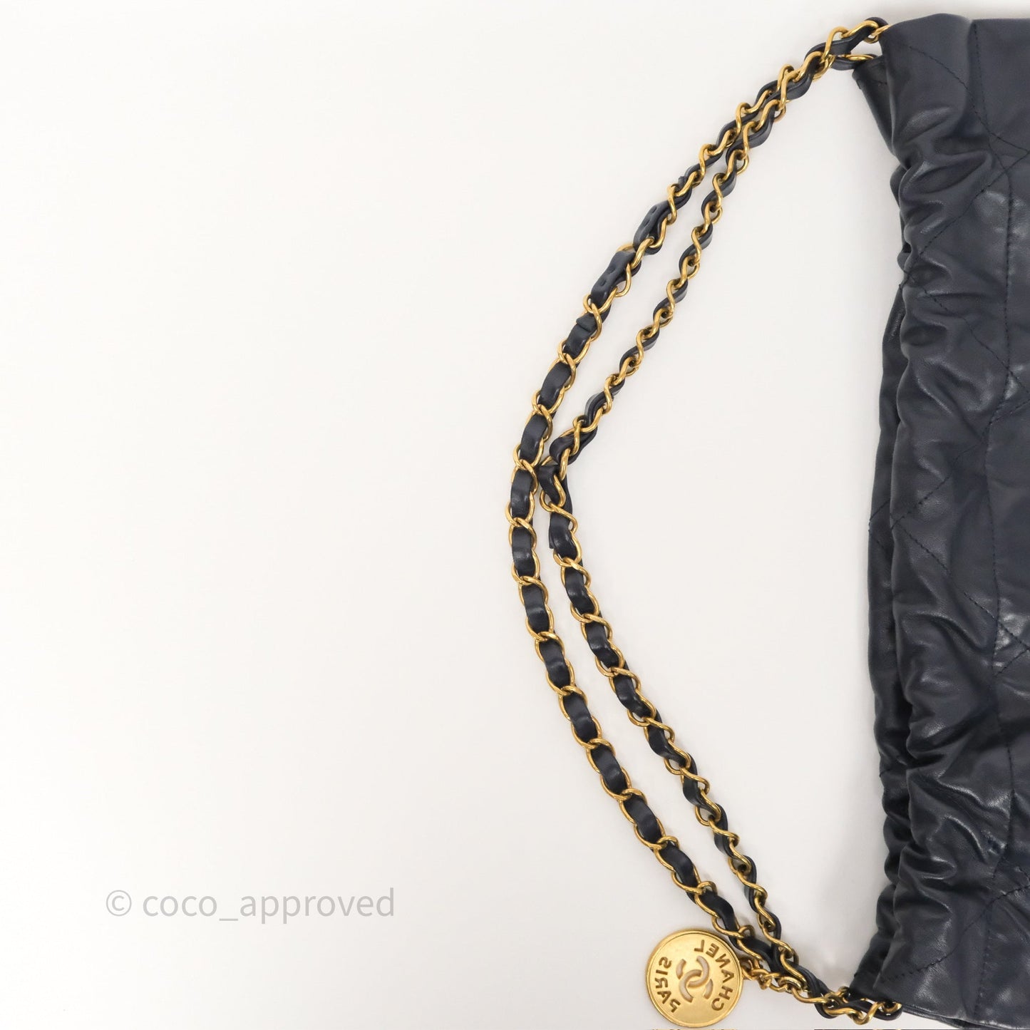 Chanel 22 Medium Navy Shiny Calfskin Aged Gold Hardware
