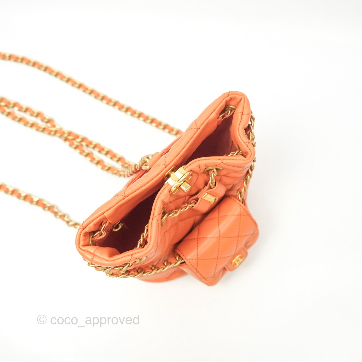 Chanel Small Drawstring Backpack Orange Calfskin Aged Gold Hardware 23A