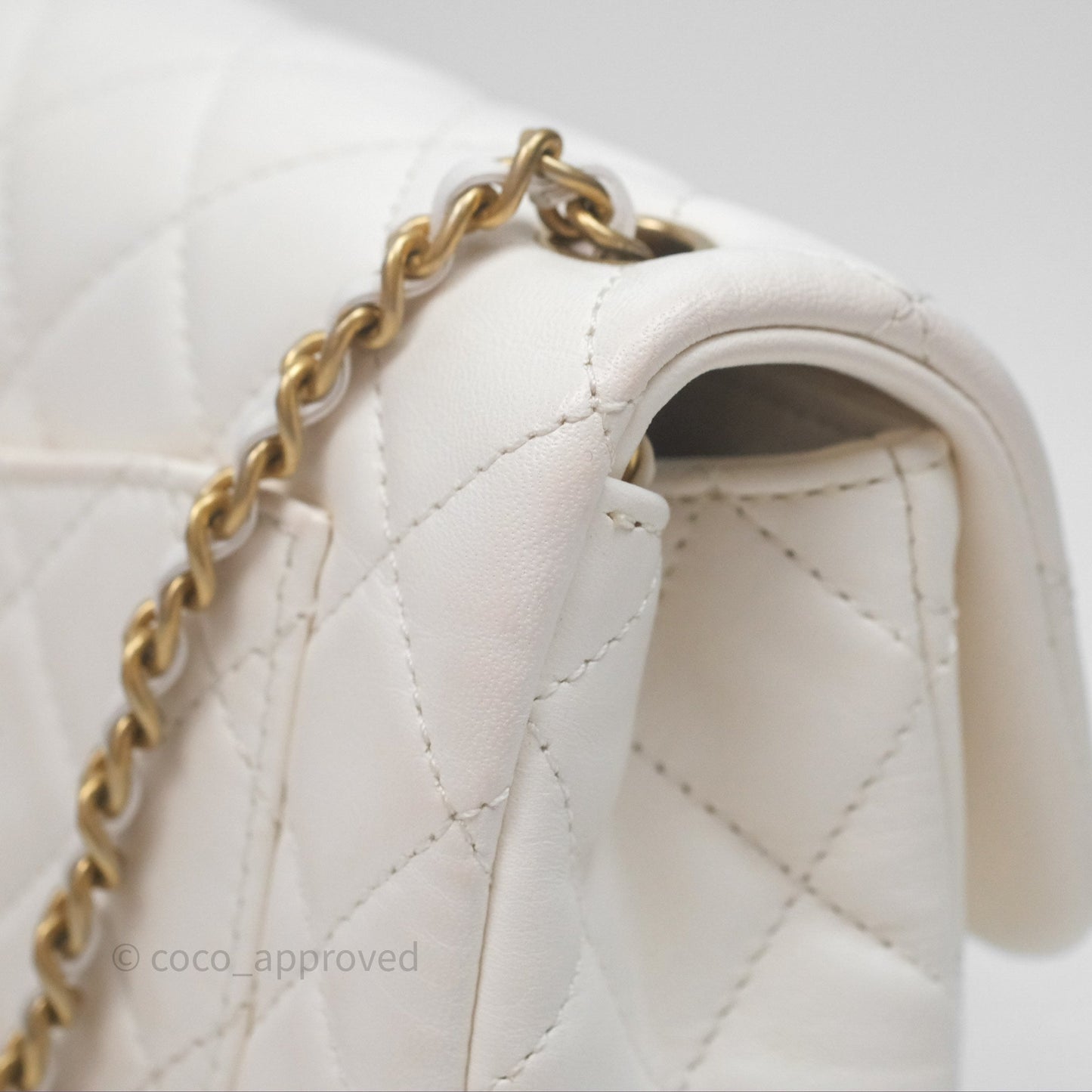 Chanel Mini Rectangular Pearl Crush Quilted White Lambskin Aged Gold Hardware