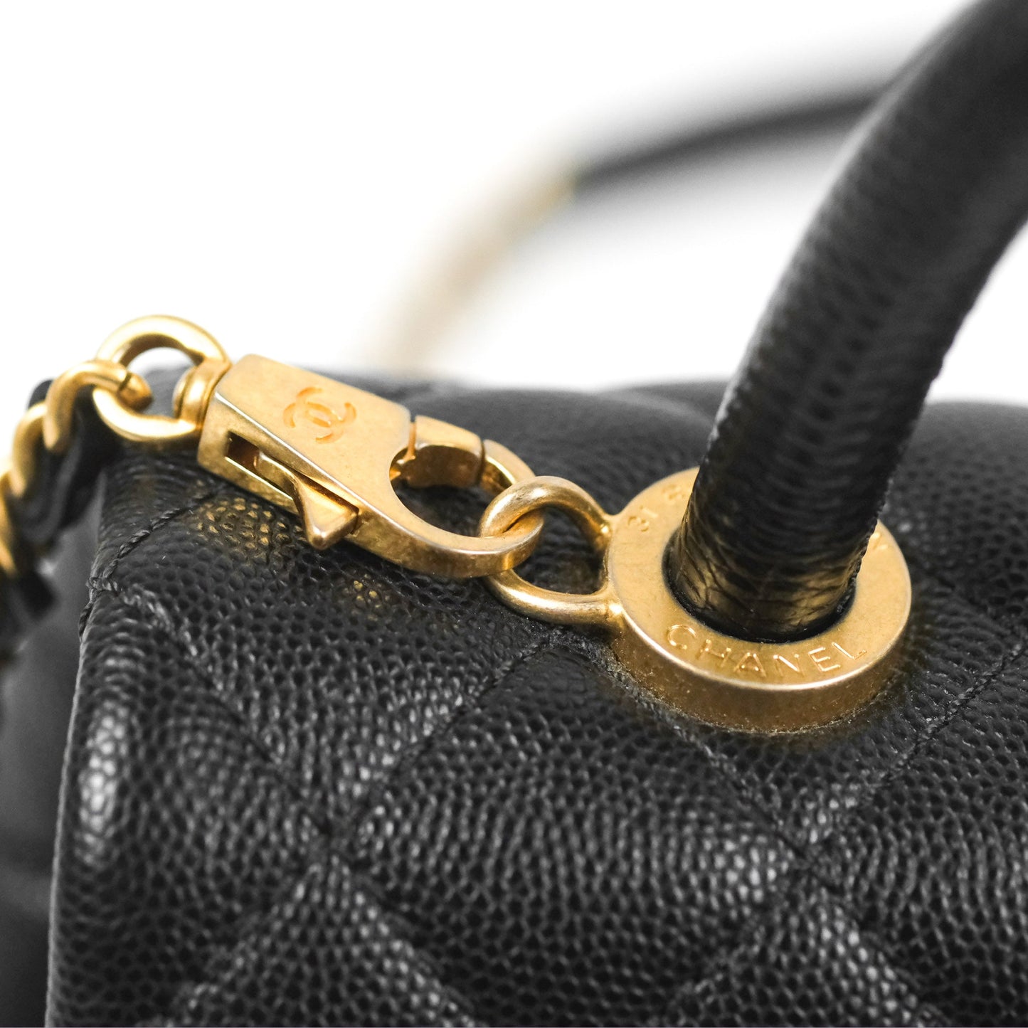 Chanel Small Coco Handle Quilted Black Caviar Aged Gold Hardware Lizard Handle
