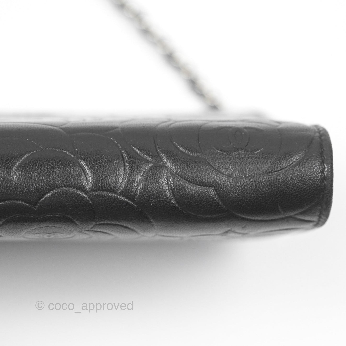 Chanel Camellia Embossed Wallet on Chain WOC Black Lambskin Silver Hardware