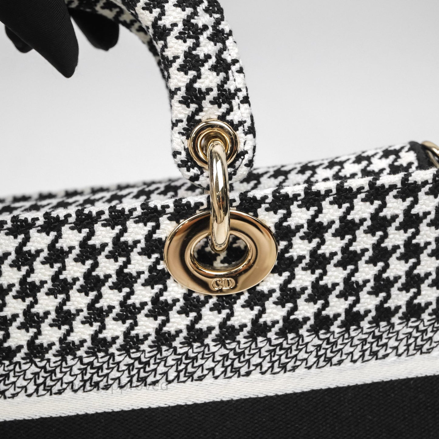 Christian Dior Medium Lady D-Joy Bag Black White Houndstooth Gold Hardware