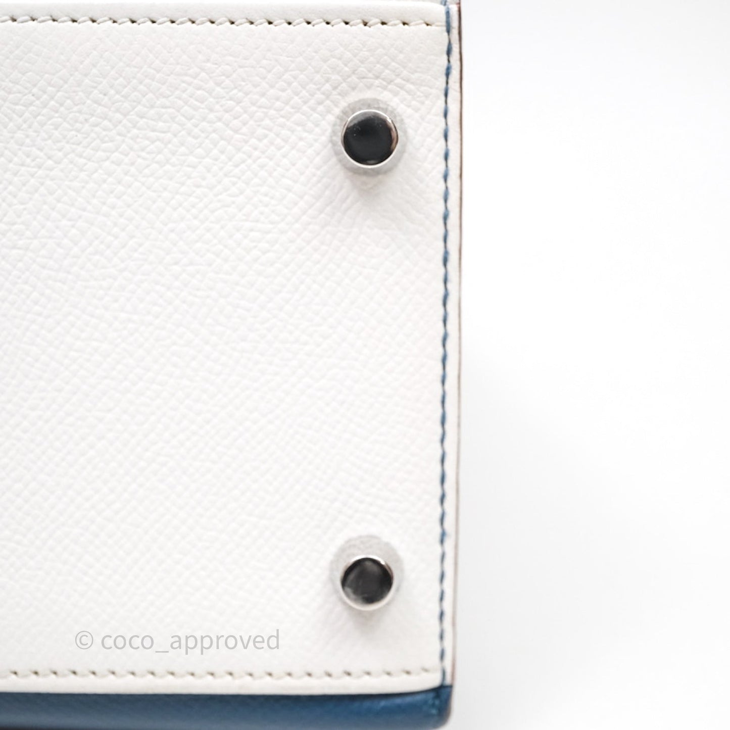 Hermès Kelly 32 Sellier Bleu Thalassa 7A/ White Epsom Palladium Hardware