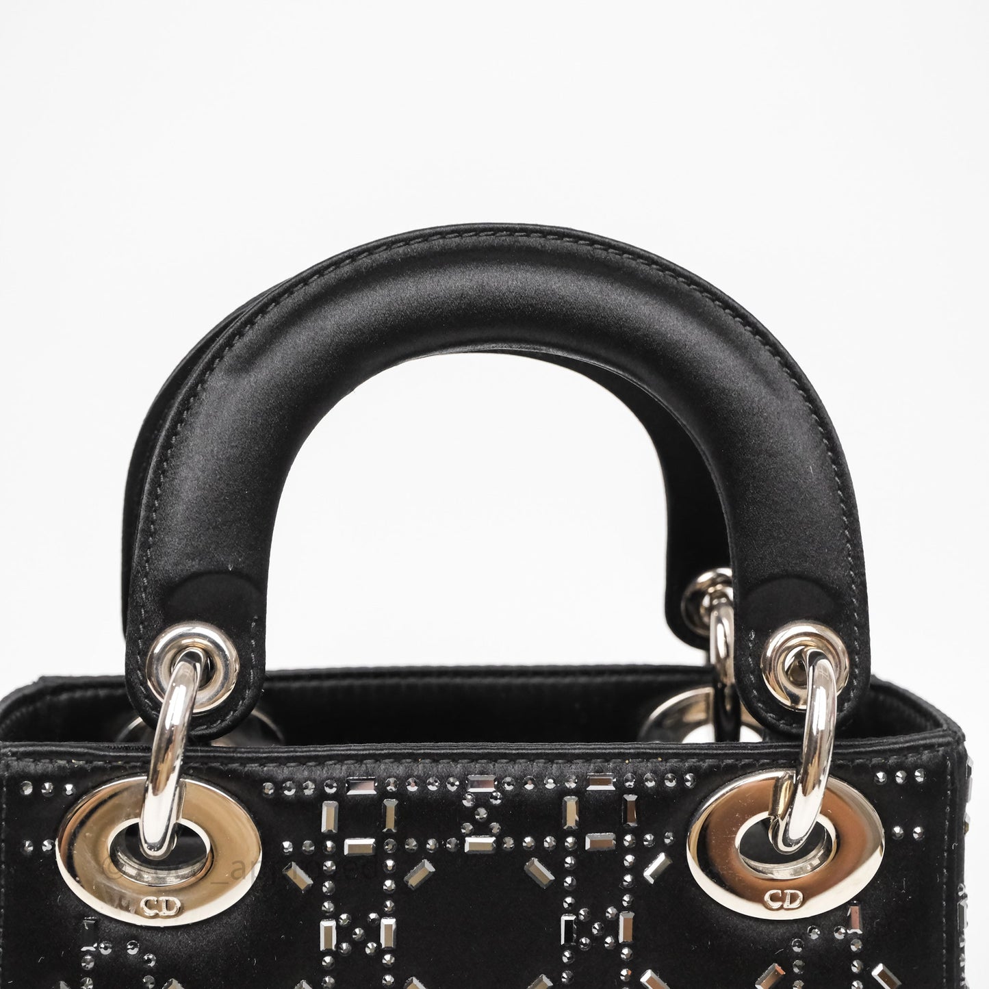 Christian Dior Mini Lady Dior Bag Black Strass Cannage Satin Silver Hardware
