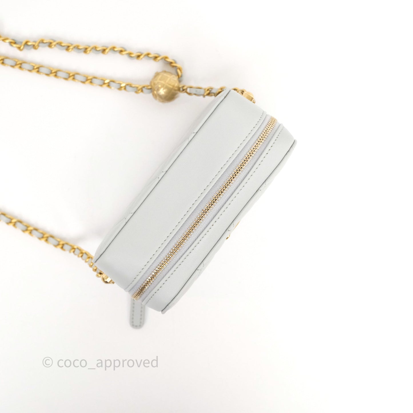 Chanel Quilted CC Pearl Crush Camera Case Light Blue Grey Lambskin Aged Gold Hardware