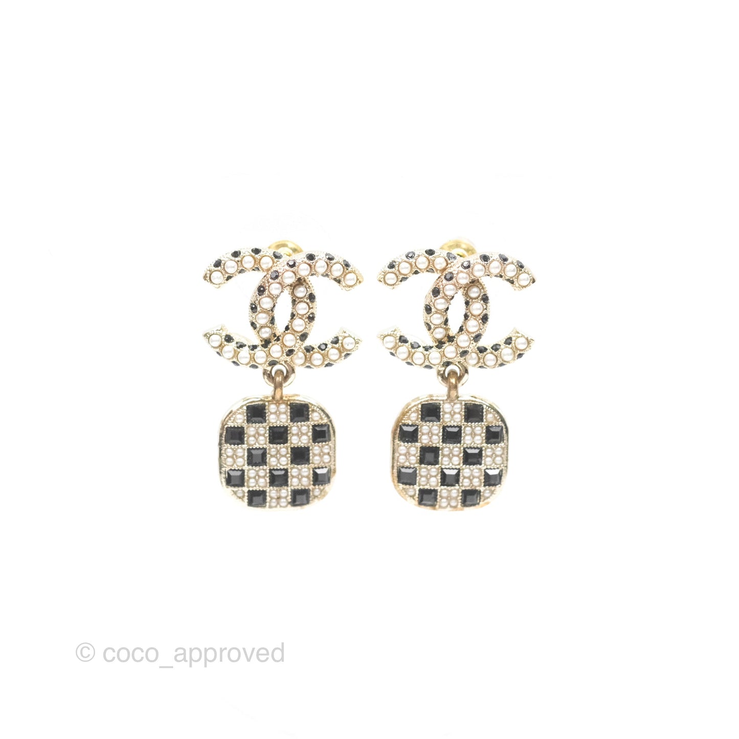 Chanel CC Pearl Black Resin Drop Earrings Gold Tone 21A