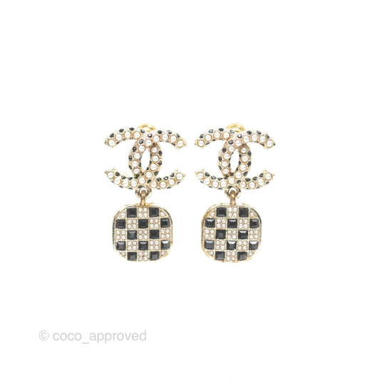 Chanel CC Pearl Black Resin Drop Earrings Gold Tone 21A