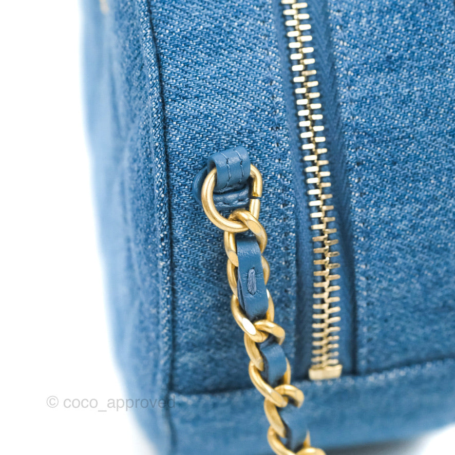 Chanel Quilted Pearl Crush Round Clutch With Chain Denim Aged Gold Hardware