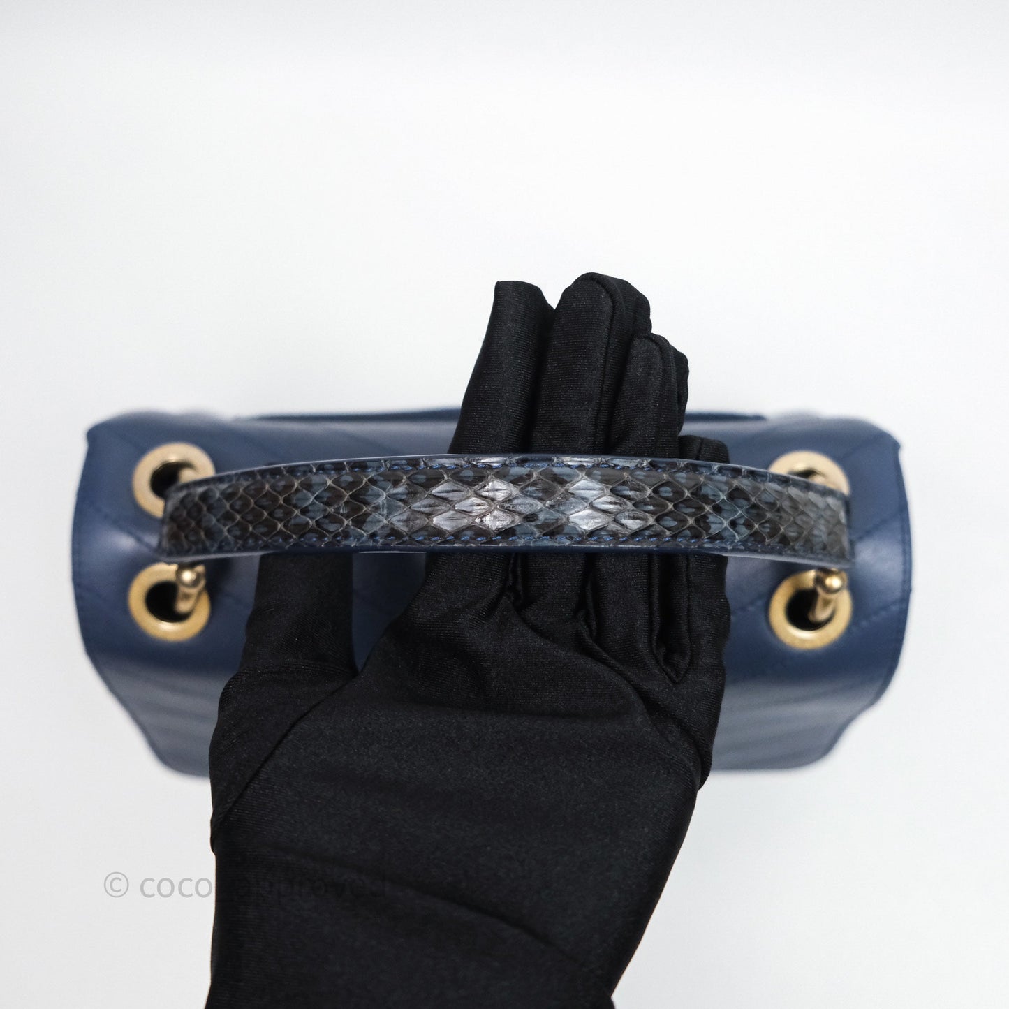 Chanel Small Chevron Python Chic Top Handle Flap Blue Calfskin Gold Hardware