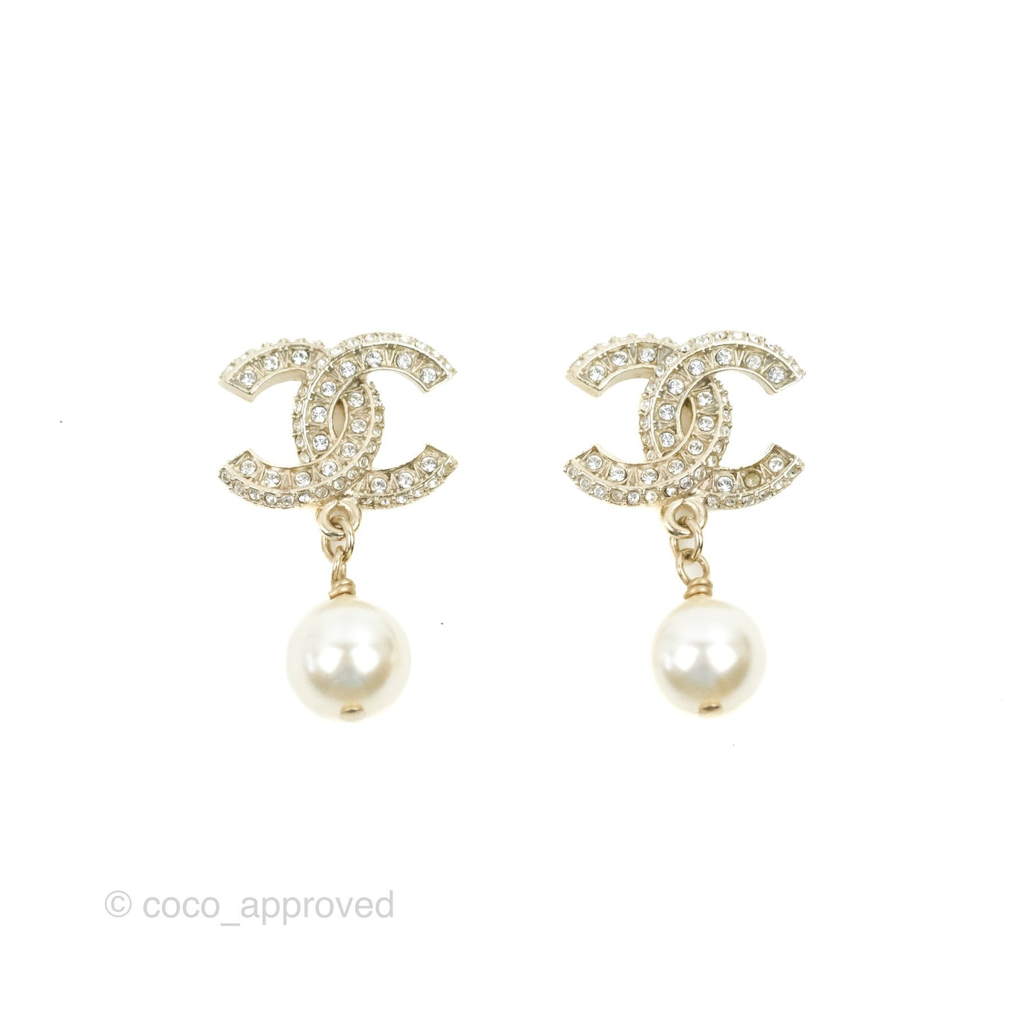 Chanel CC Rhinestone Pearl Drop Earrings Gold Tone