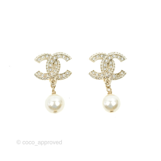 Chanel CC Rhinestone Pearl Drop Earrings Gold Tone
