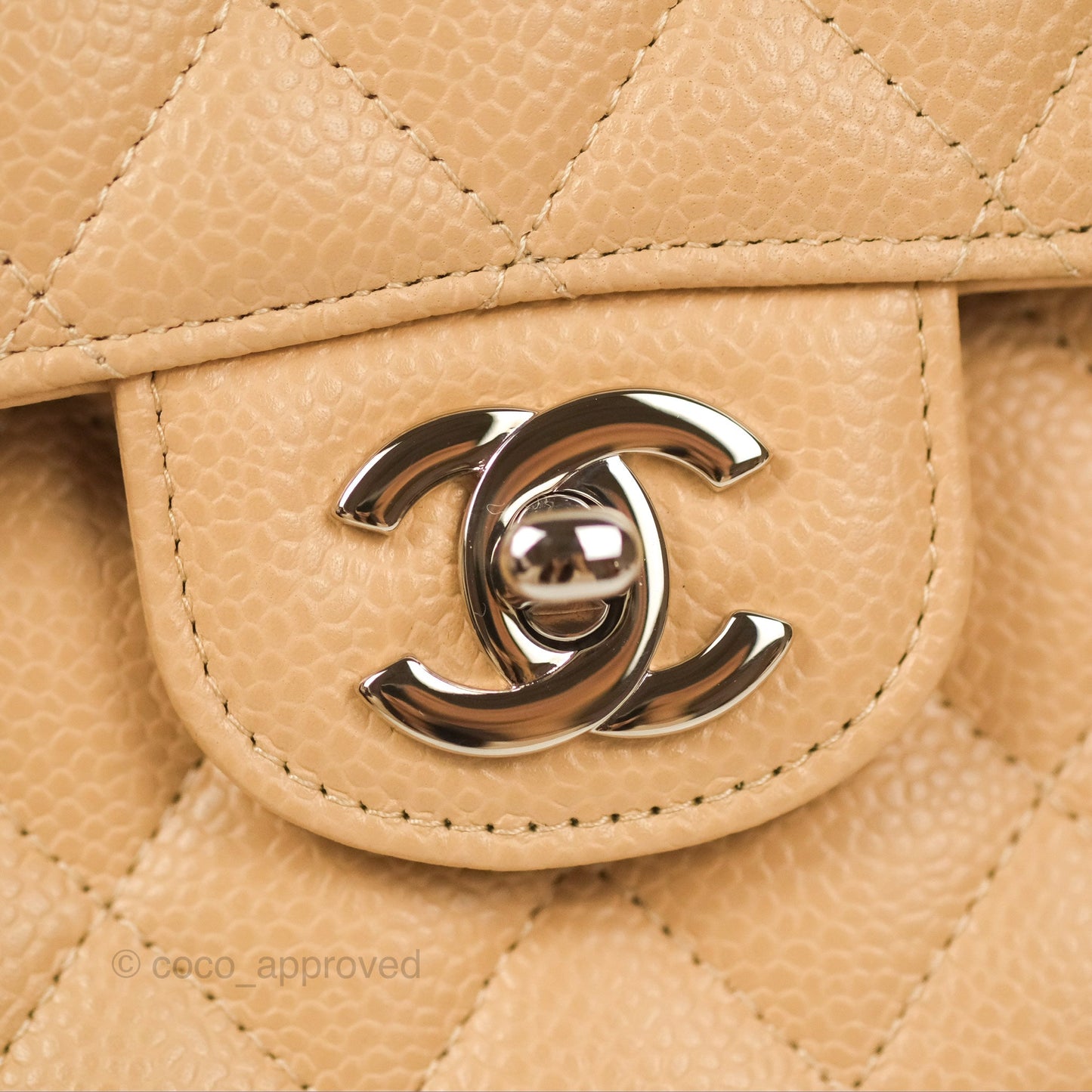 Chanel Classic M/L Medium Flap Quilted Beige Caviar Silver Hardware