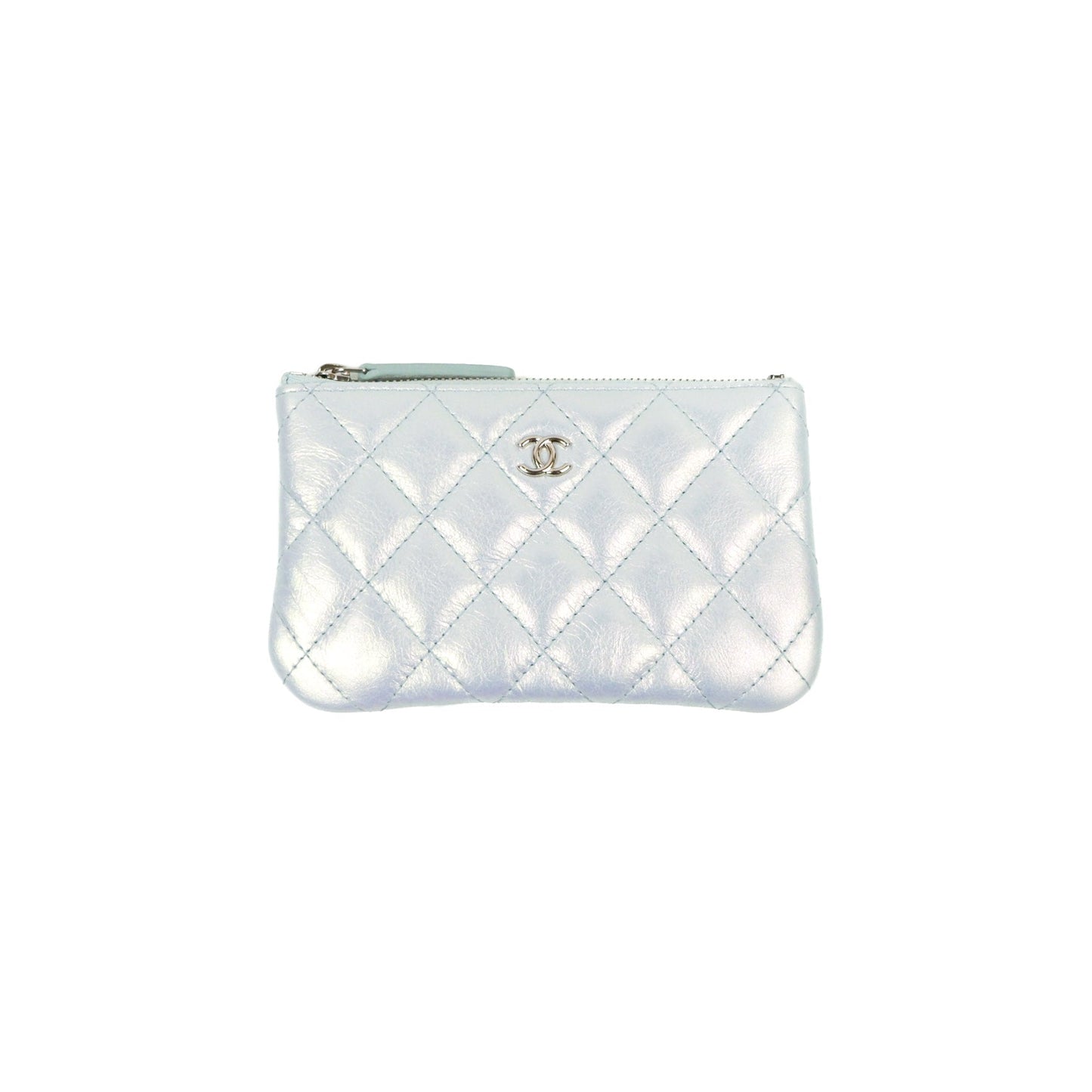 Chanel Quilted Mini O Case Iridescent Icy Blue Calfskin Silver Hardware