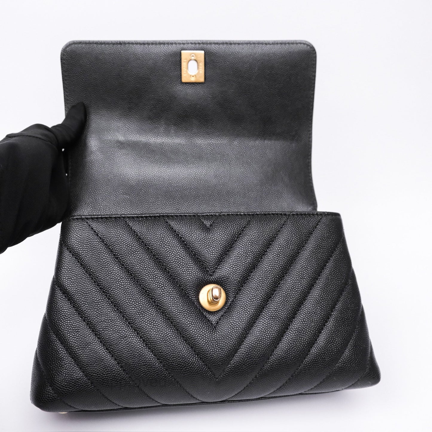 Chanel Small Coco Handle Chevron Black Caviar Aged Gold Hardware Lizard Handle