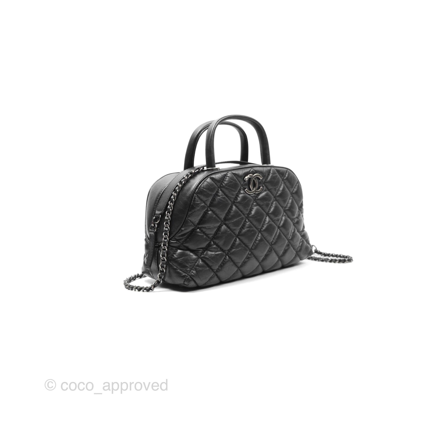 Chanel Quilted Small Handle Bowling Bag Black Aged Calfskin Ruthenium Hardware