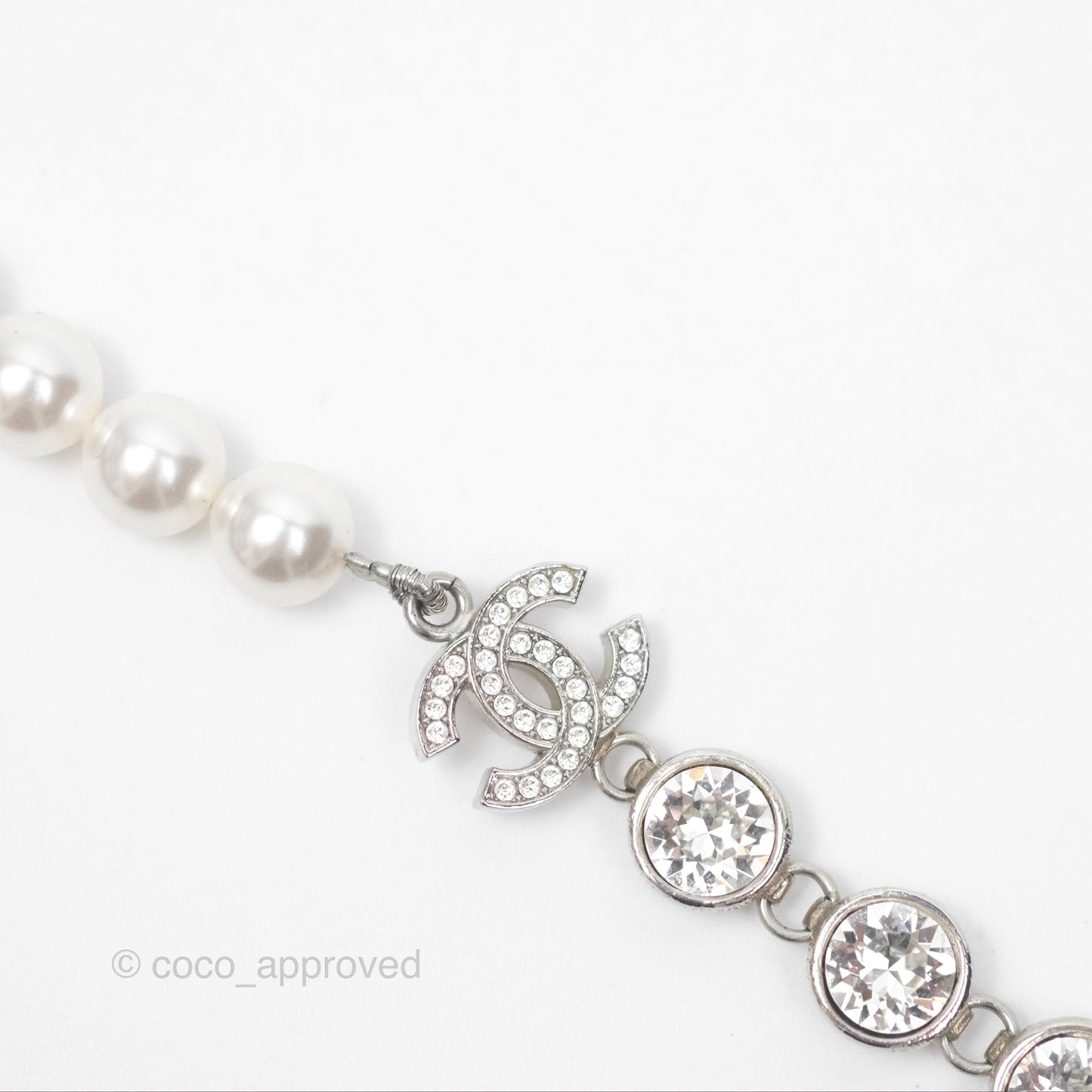 Chanel Crystal Pearl CC Necklace Choker Silver Tone 23S
