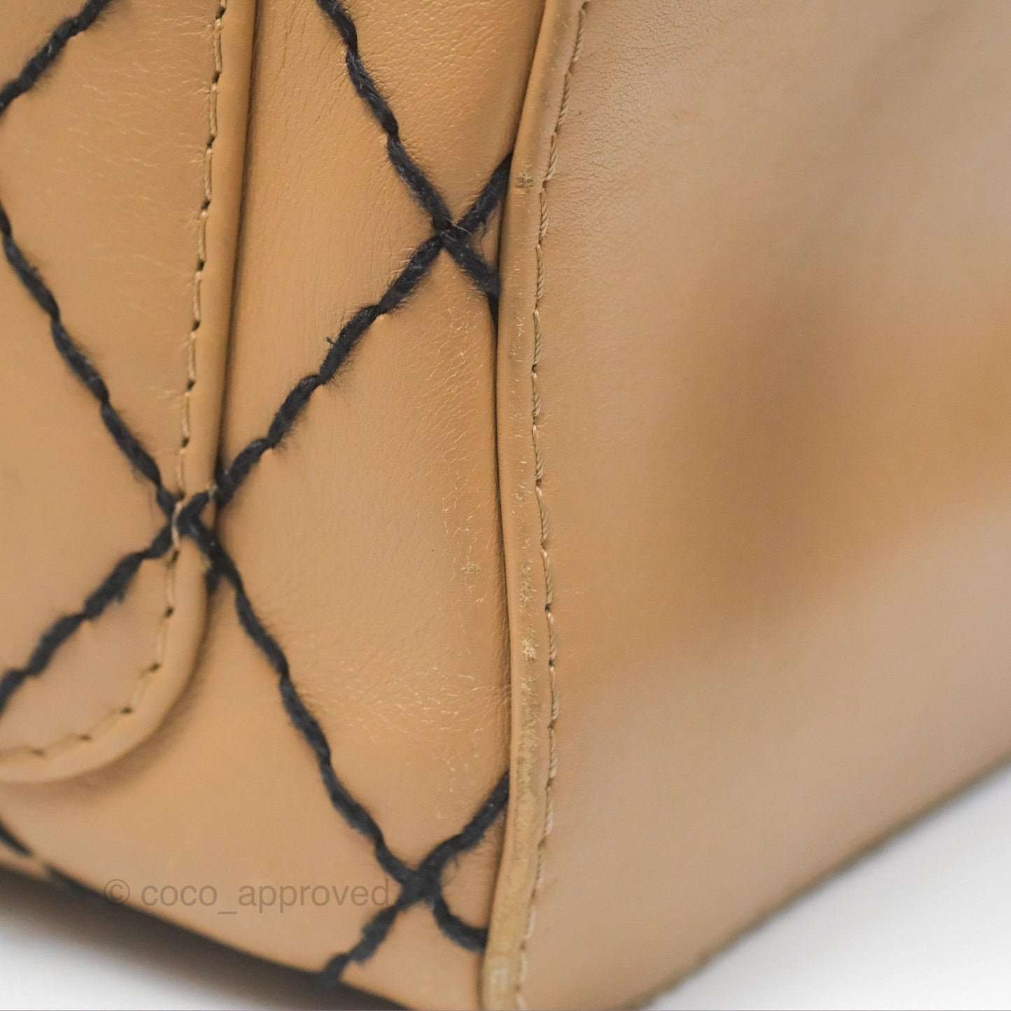 Chanel Contrast Stitch Surpique Bowler Bag Beige Calfskin Matte Black Hardware