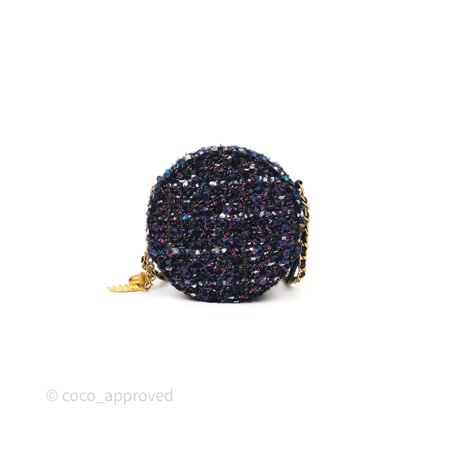 Chanel Charms Round Clutch With Chain Navy Purple Tweed Aged Gold Hardware