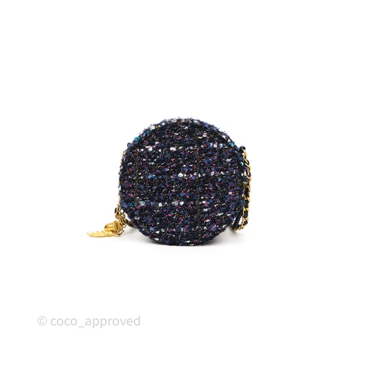 Chanel Charms Round Clutch With Chain Navy Purple Tweed Aged Gold Hardware