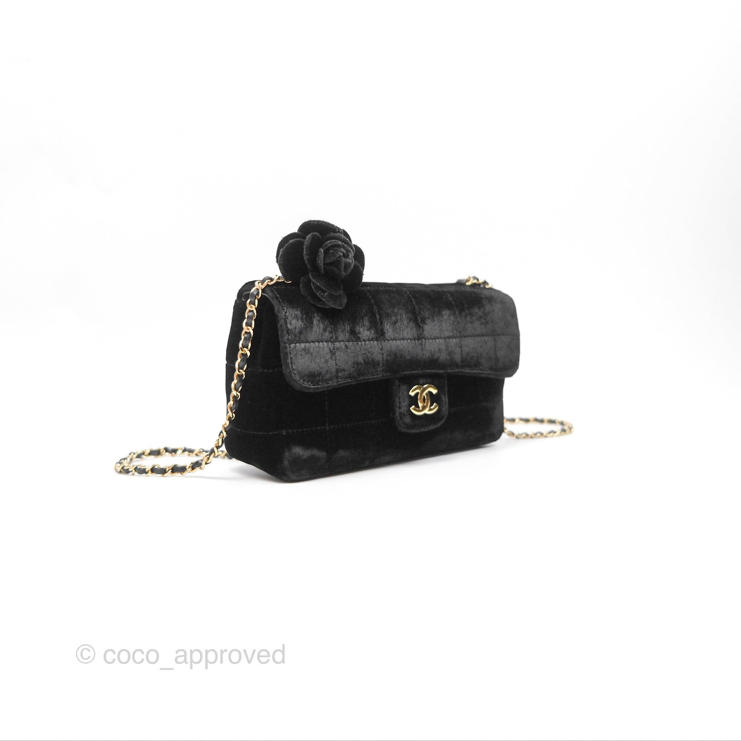 Chanel Vintage Mini Chocolate Bar Camellia Flap Black Velvet Gold Hardware