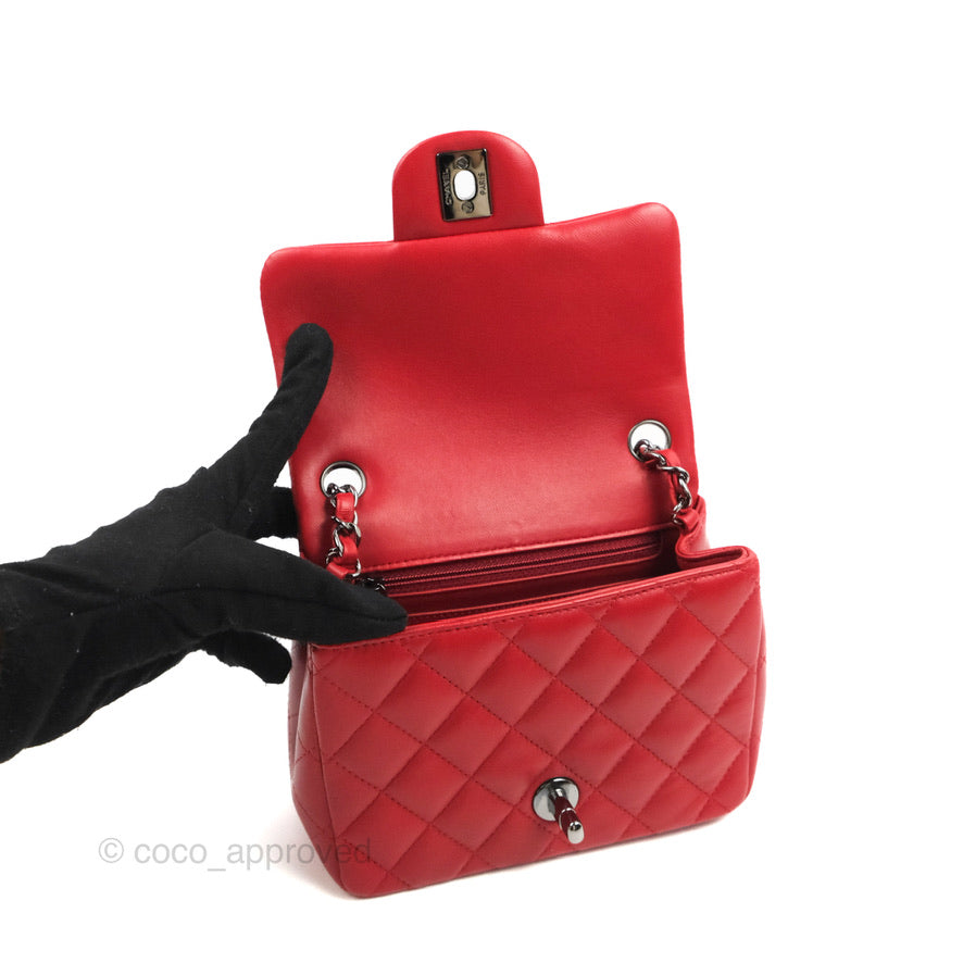 Chanel Quilted Mini Square Red Lambskin Gun Metal