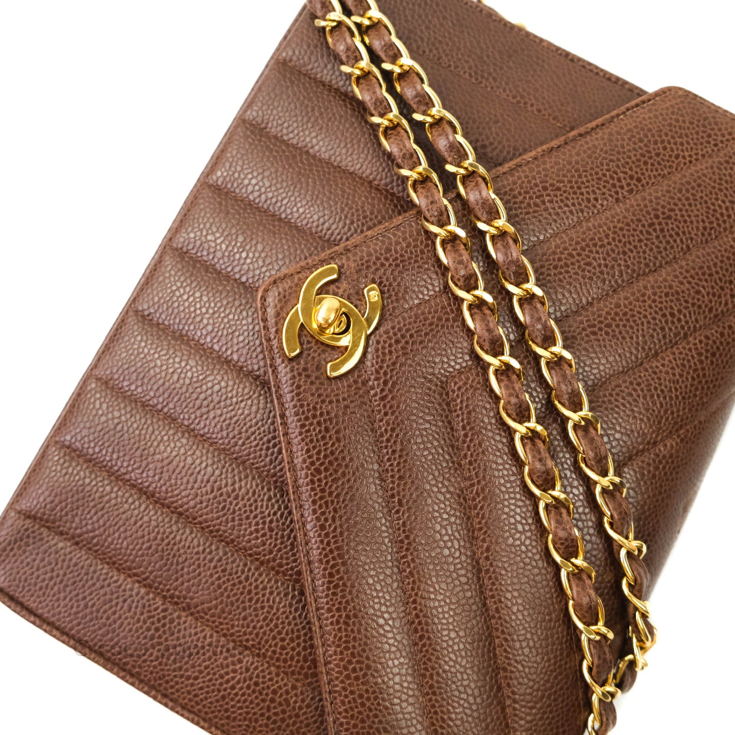 Chanel Vintage Caviar Chevron Flap Bag 24K Brown Gold Hardware