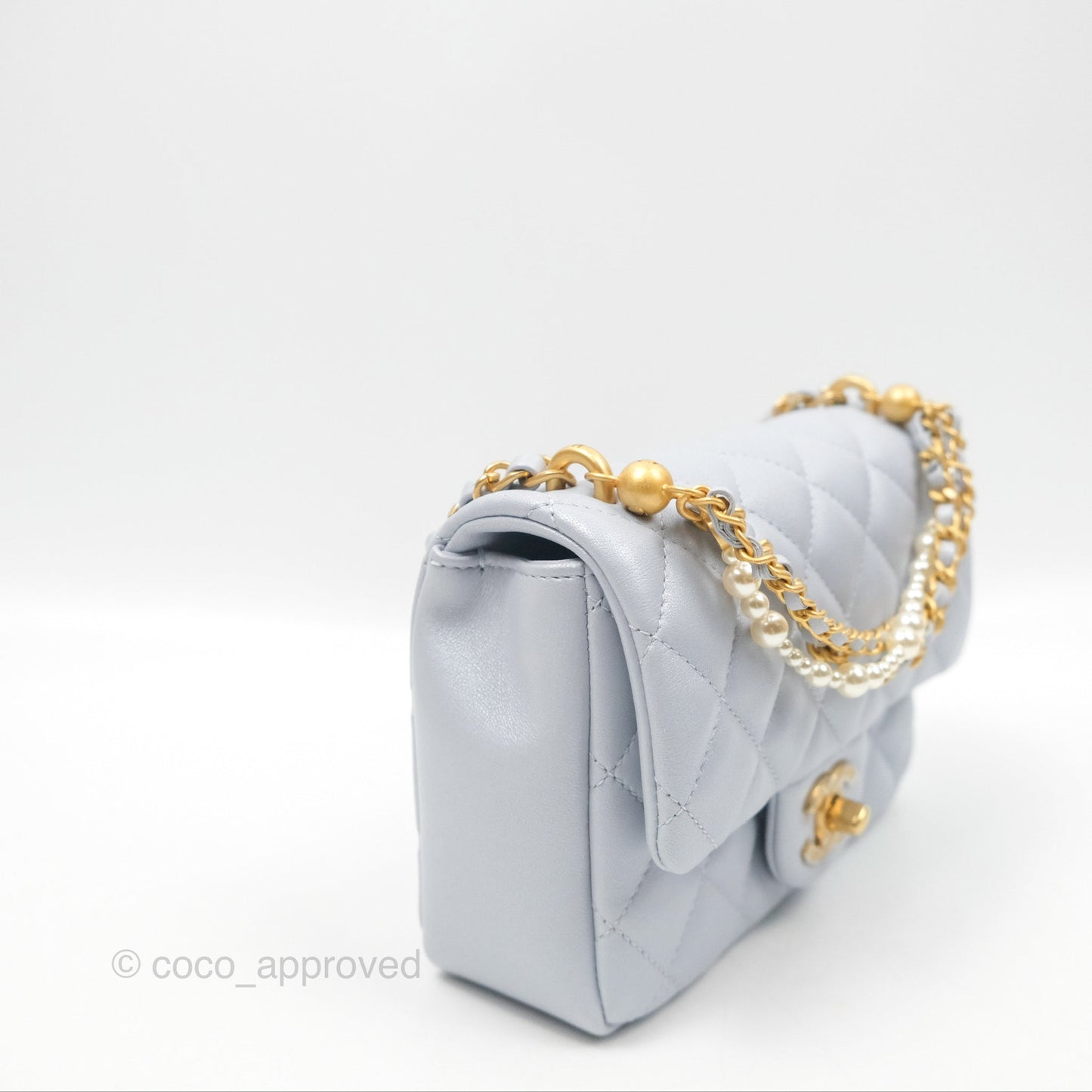 Chanel Mini Flap Bag with Pearl Chain Pearly Light Blue Lambskin Aged Gold Hardware 24P