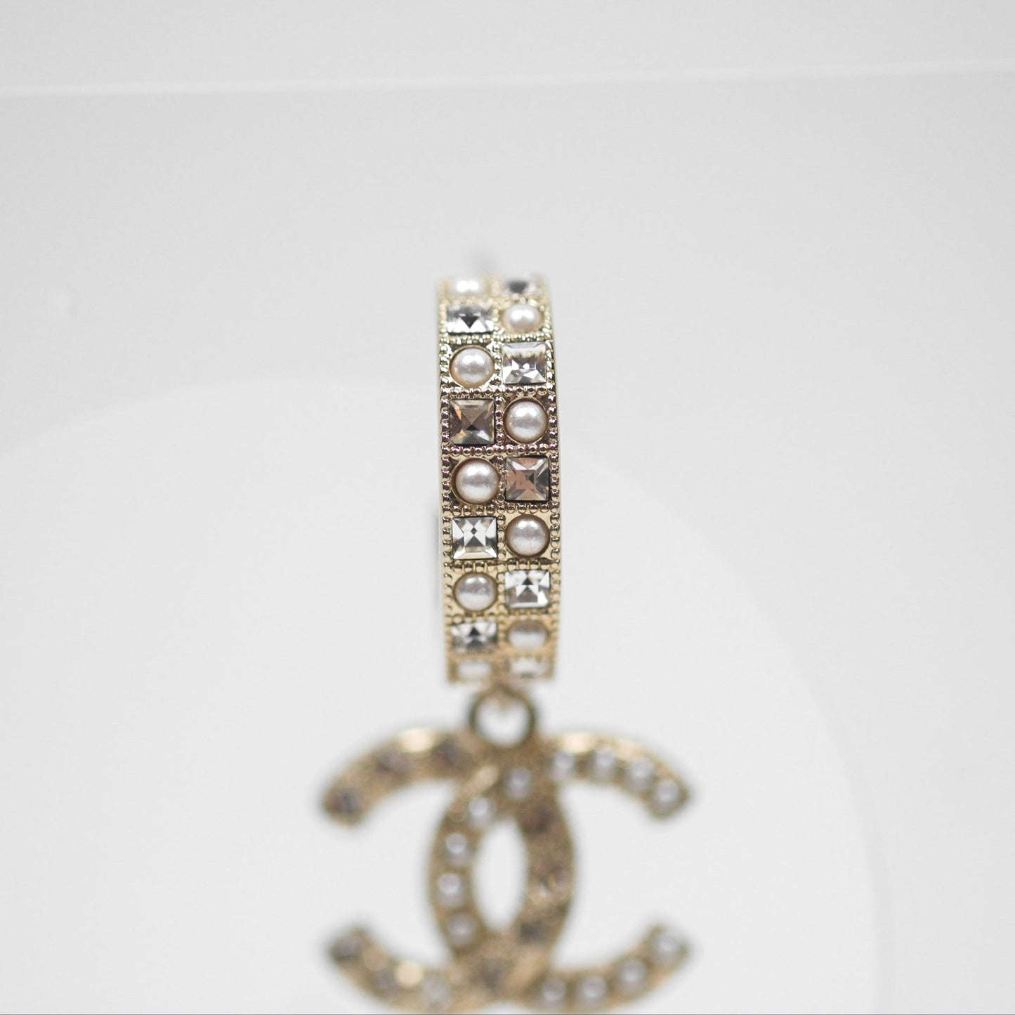 Chanel Crystal Pearl CC Hoop Earrings Gold Tone 21K