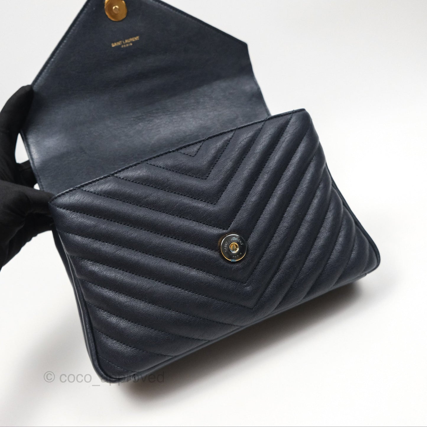 Saint Laurent Chevron Medium College Navy Chain Bag Gold Hardware