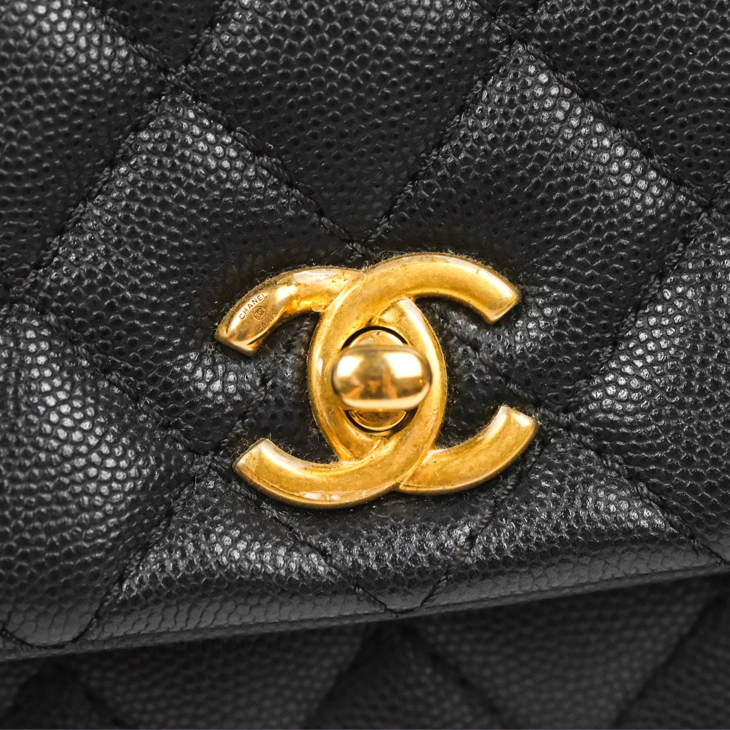Chanel Small Coco Handle Quilted Black Caviar Aged Gold Hardware Lizard Handle