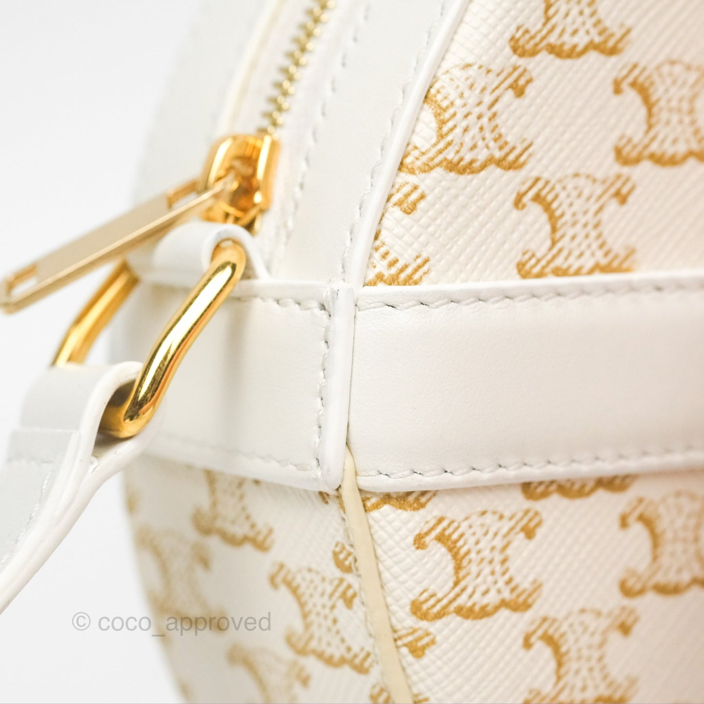 Celine Round Purse on Strap Triomphe Canvas White Calfskin