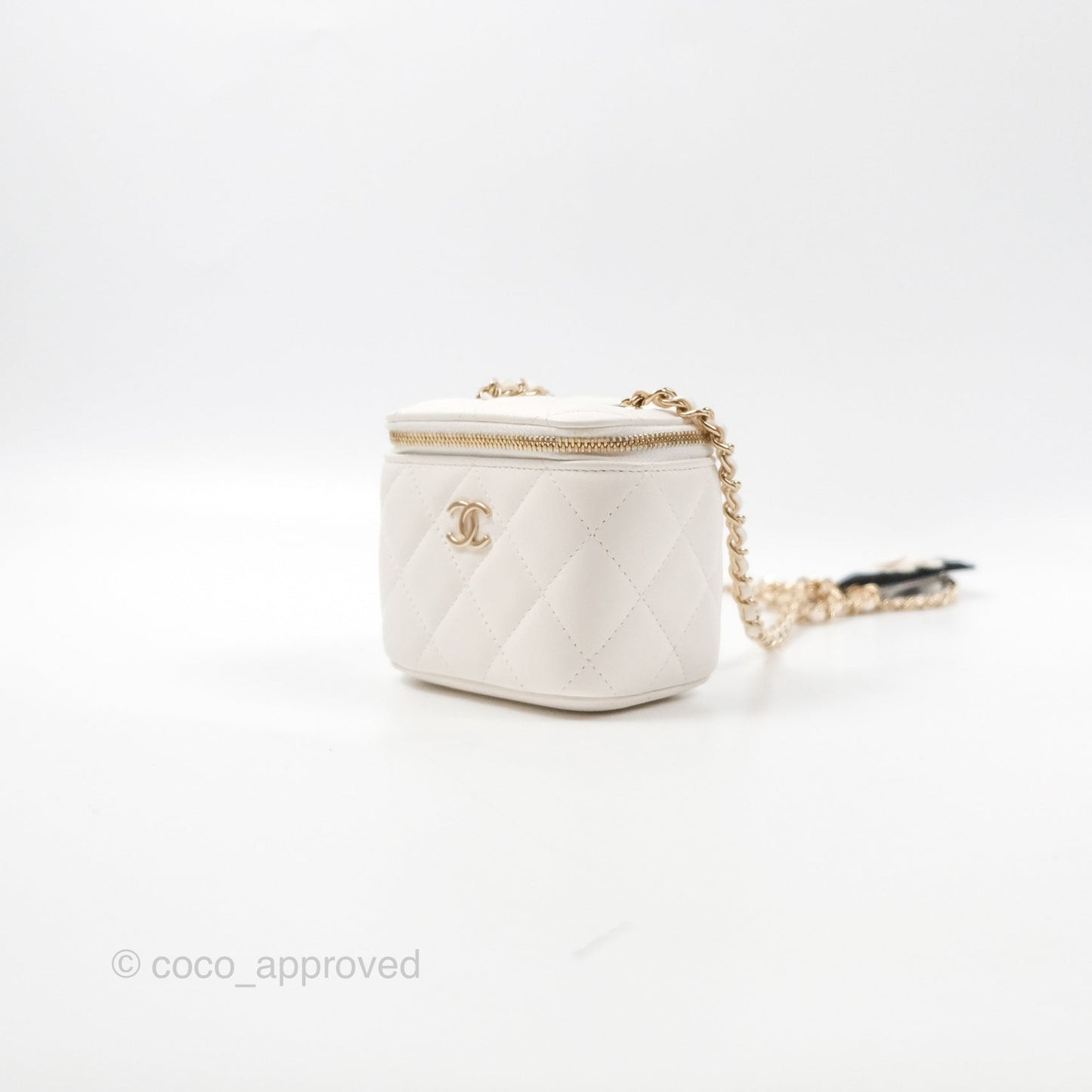 Chanel Camellia White Quilted Lambskin Mini Vanity with Chain Gold Hardware