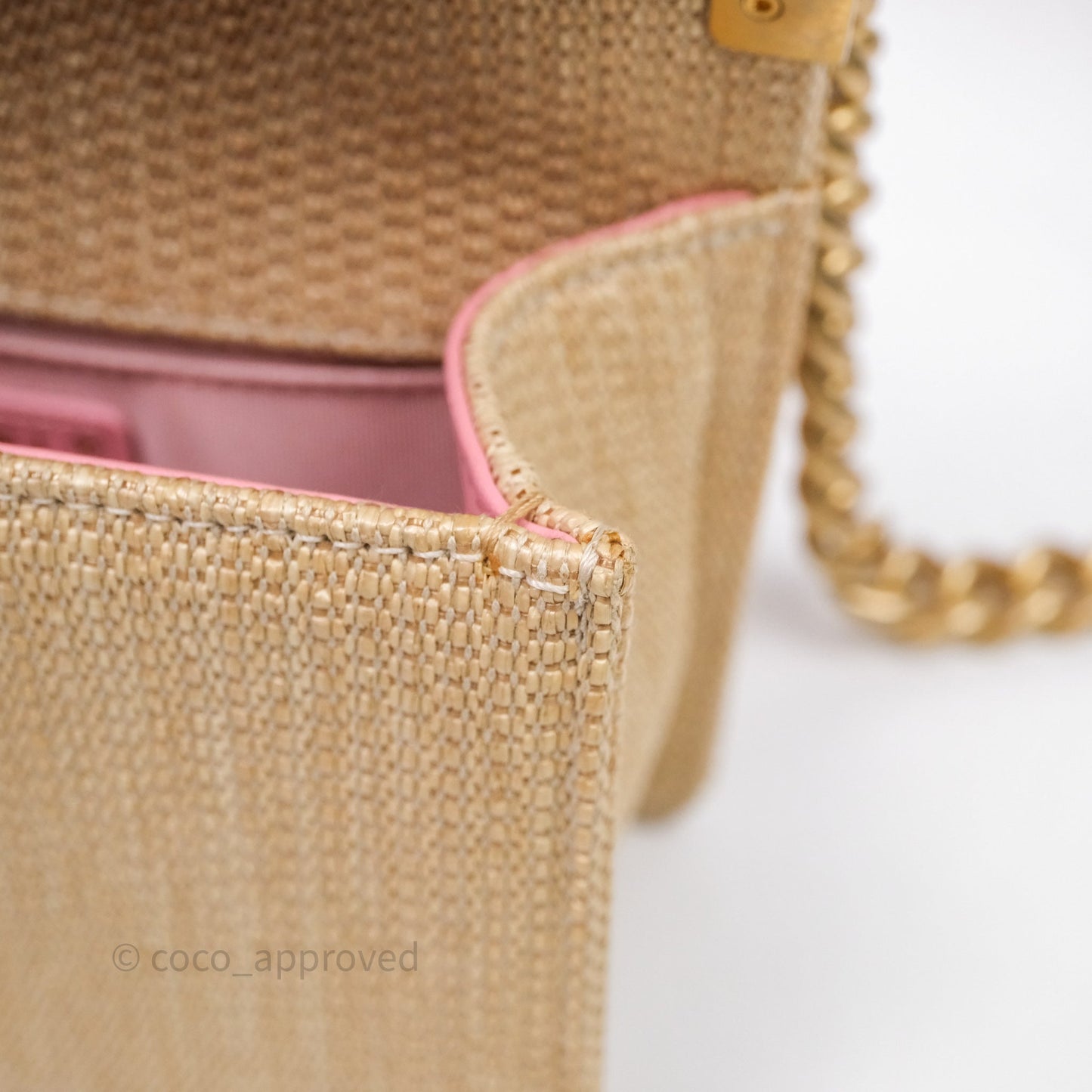 Chanel Small Boy Chevron Raffia Metallic Pink Aged Gold Hardware