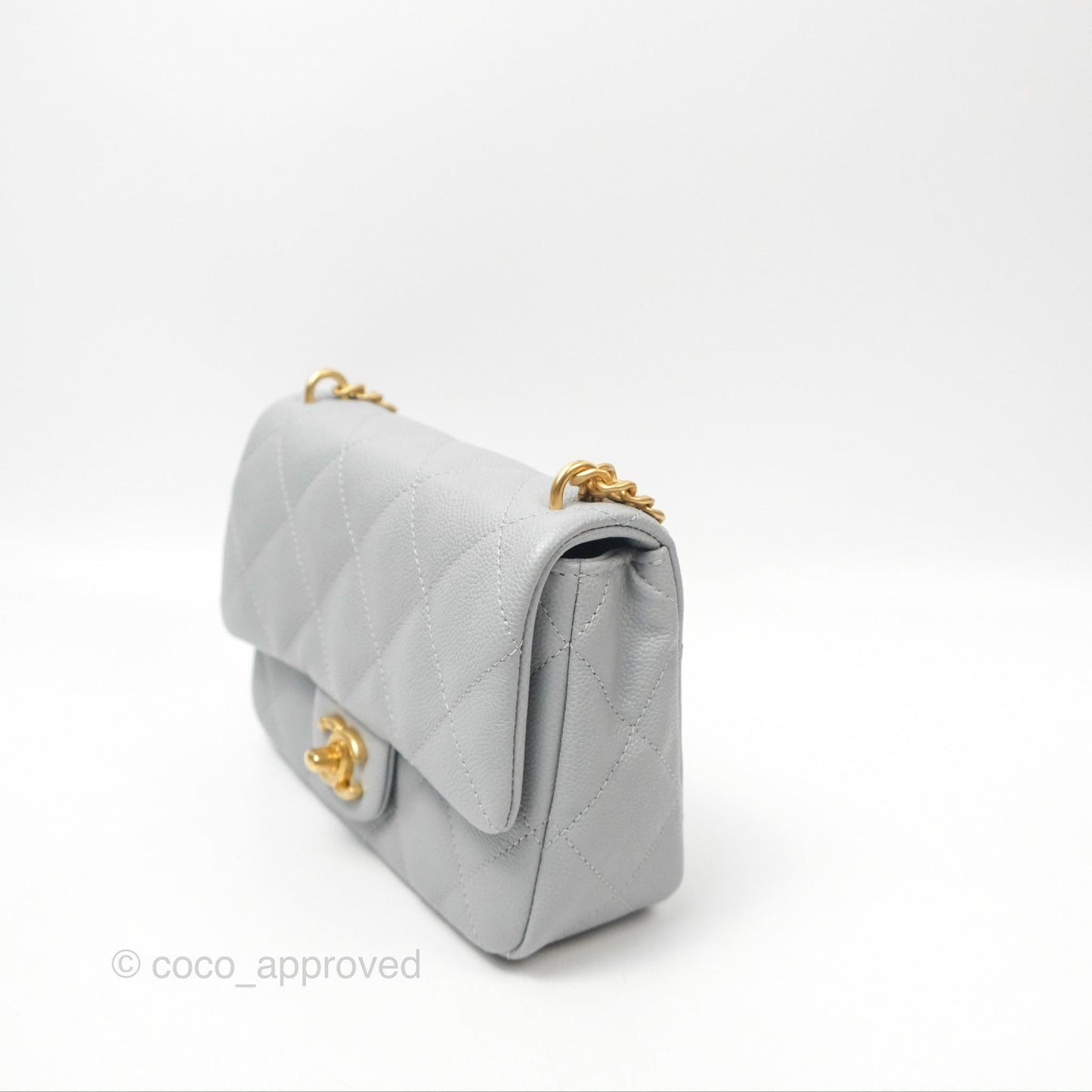 Chanel Mini Flap Bag Heart Adjustable Chain Grey Caviar Aged Gold Hardware