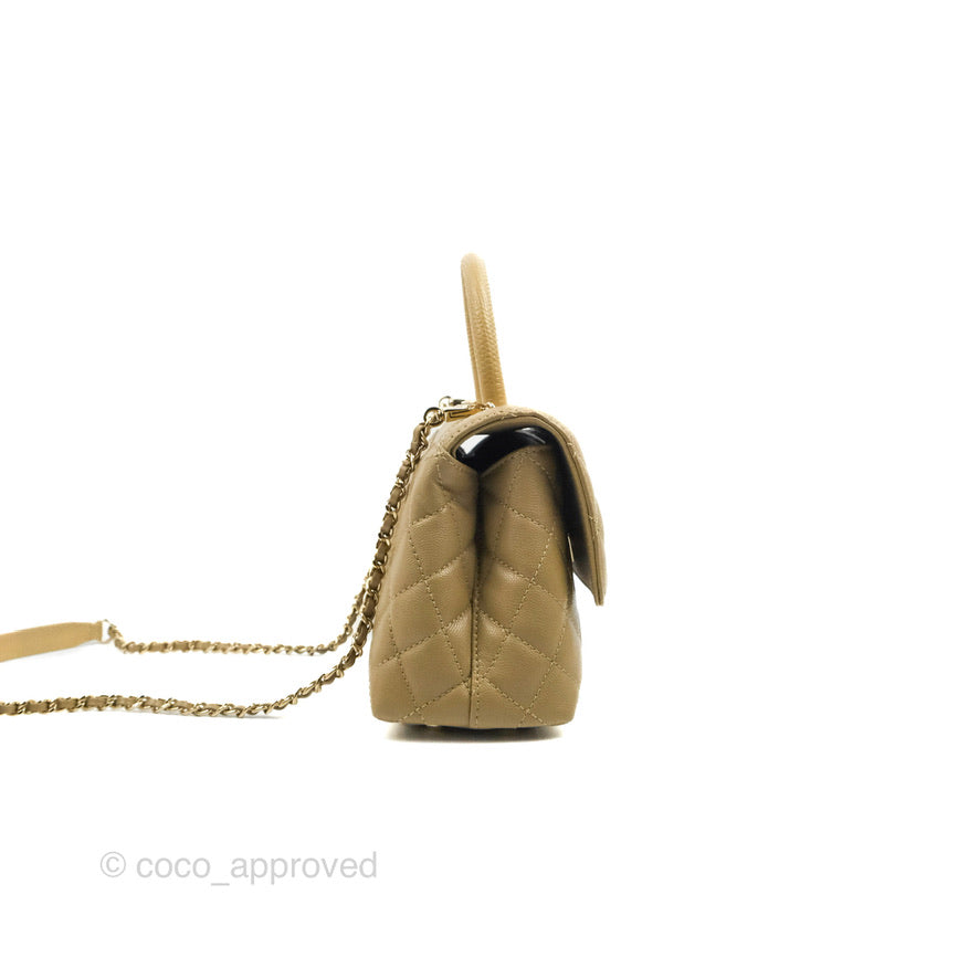 Chanel Small Coco Handle Quilted Dark Beige Caviar Gold Hardware Lizard Handle