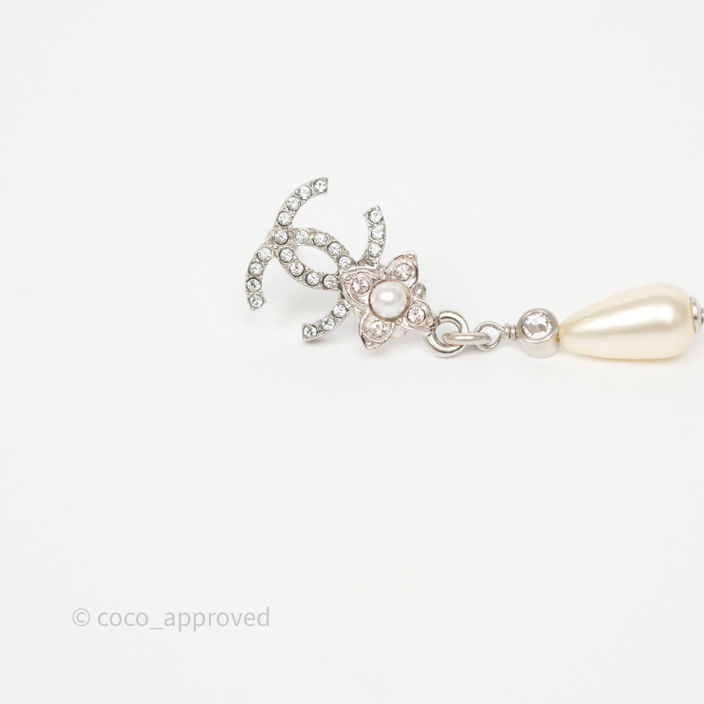 Chanel Crystals CC Tear Pearl Drop Earrings Silver Tone 22P