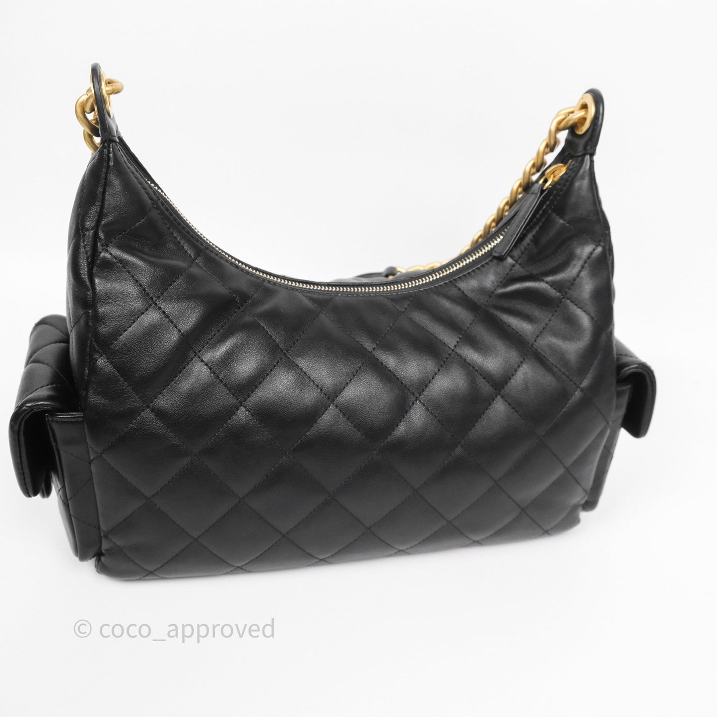 Chanel Quilted Large Trendy Double Pocket Hobo Black Lambskin Gold Hardware