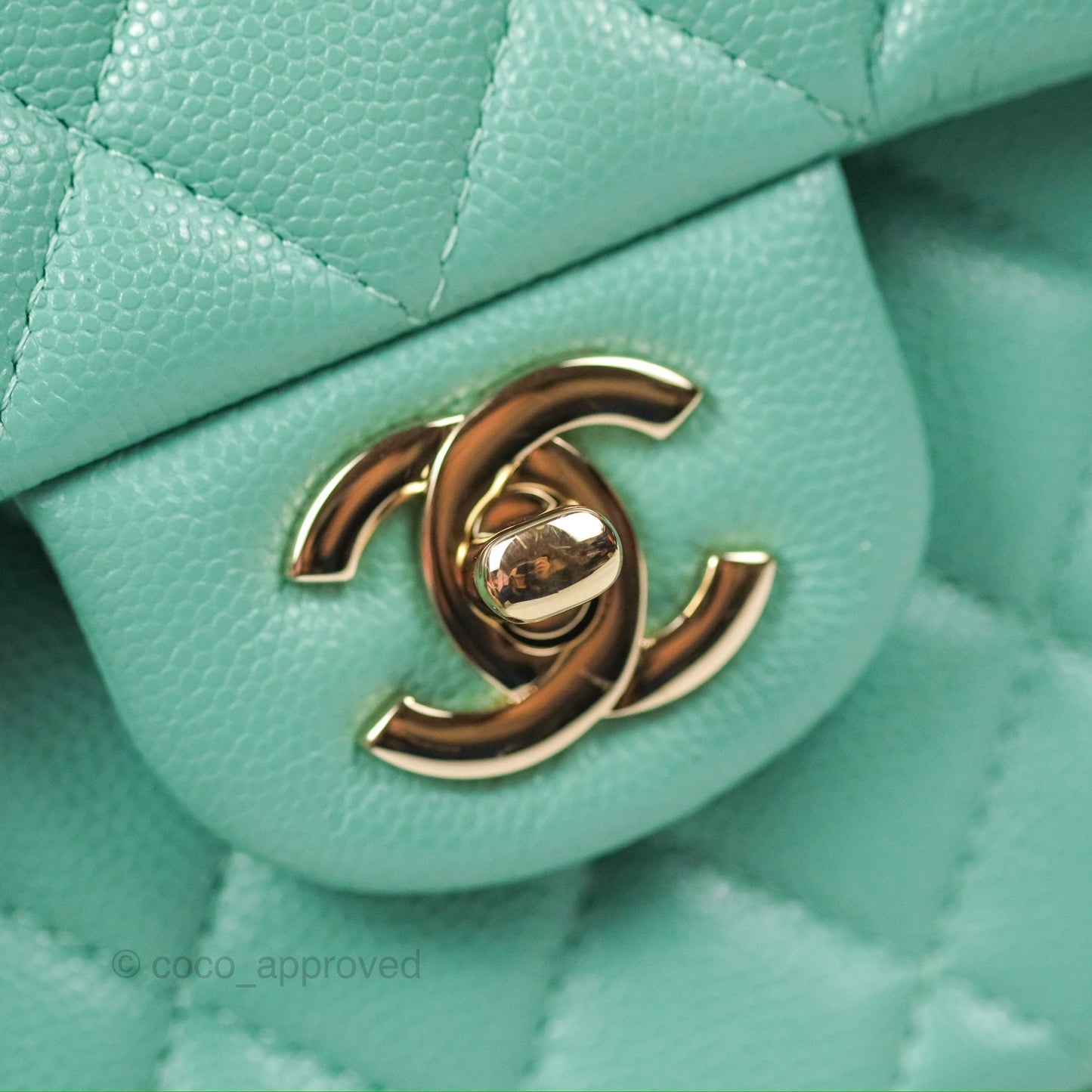Chanel Small Classic Quilted Flap Tiffany Green Caviar Gold Hardware