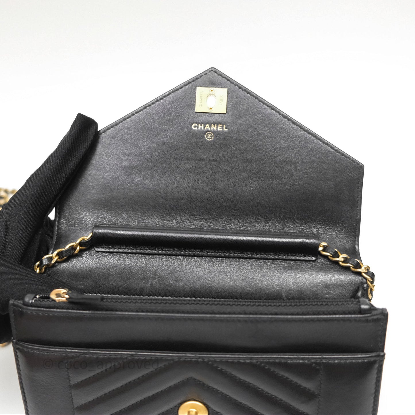 Chanel Reversed Chevron Wallet On Chain WOC Black Lambskin Aged Gold Hardware