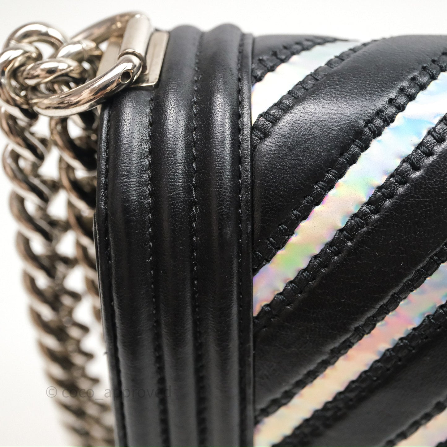 Chanel Medium Boy Chevron Iridescent PVC Lambskin Black Silver Hardware