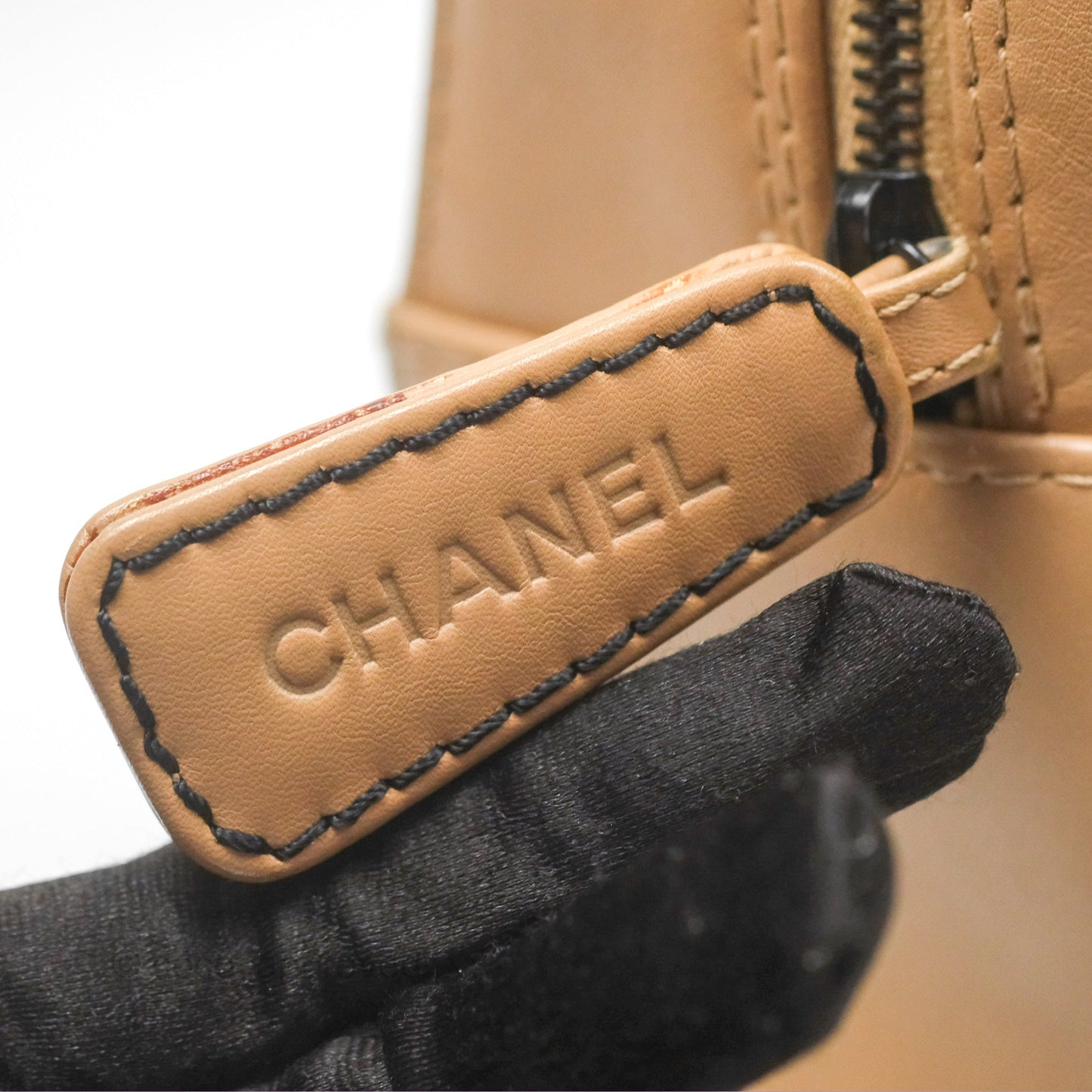 Chanel Contrast Stitch Surpique Bowler Bag Beige Calfskin Matte Black Hardware