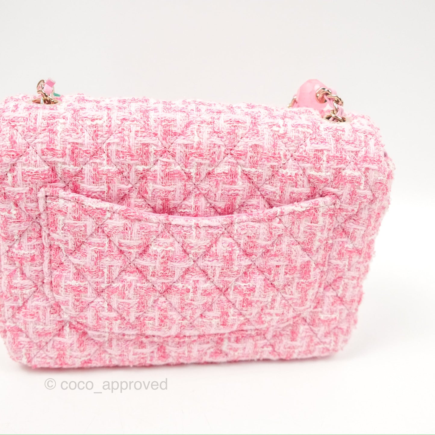 Chanel Flap Bag with Heart Resin Charm Chain Pink Tweed Gold Hardware