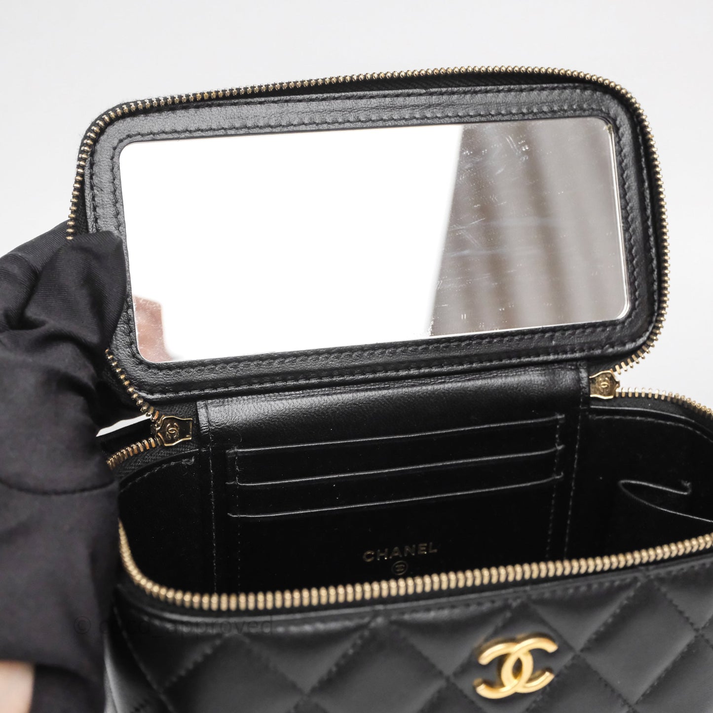 Chanel Vanity Rectangular Metal Top Handle Black Lambskin Aged Gold Hardware