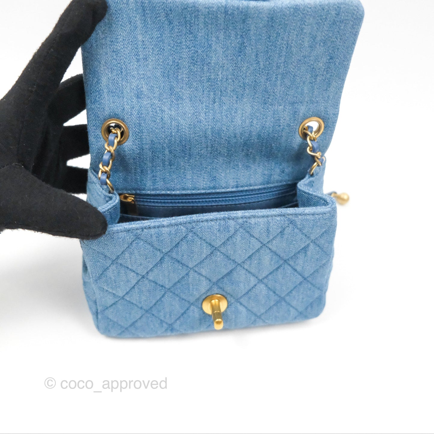 Chanel Mini Square Pearl Crush Quilted Denim Aged Gold Hardware