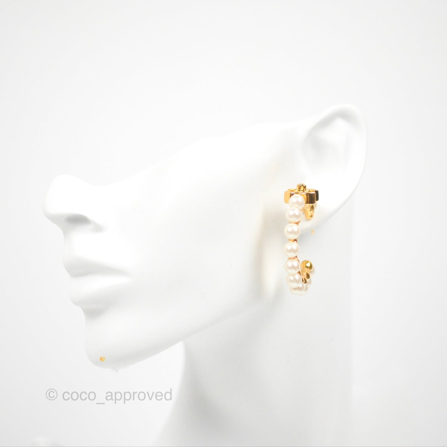 Chanel CC Pearl Hoop Earrings Gold Tone 20A