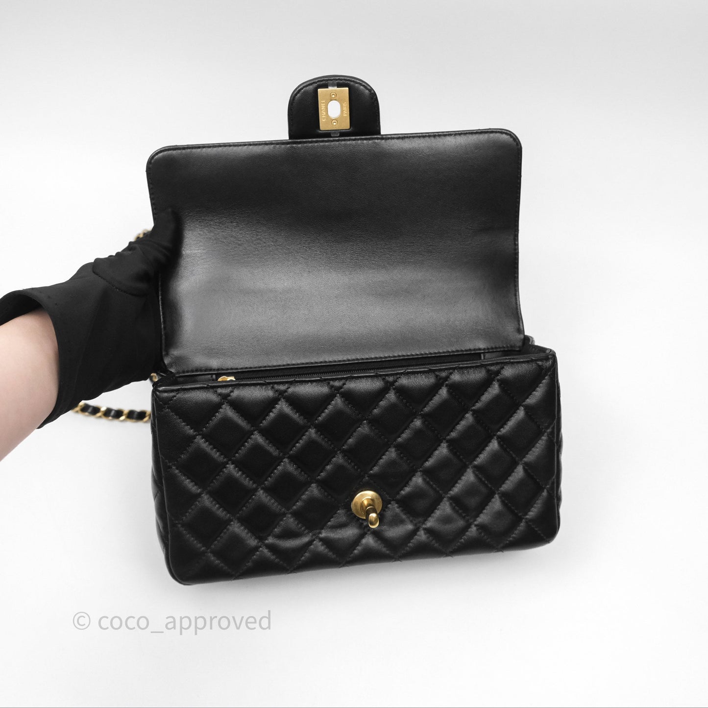 Chanel Logo Top Handle Small Flap Bag Black Lambskin Gold Hardware 24C